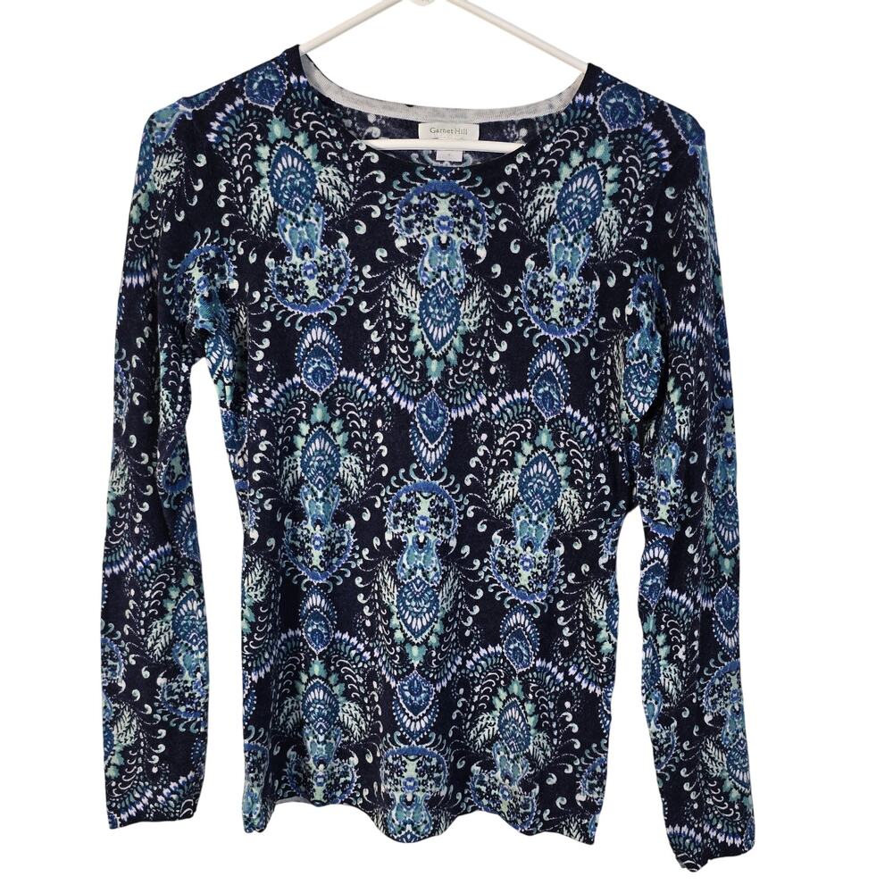 Garnet Hill Sweater Women's S Blue Green Paisley Merino Wool Classic Coastal